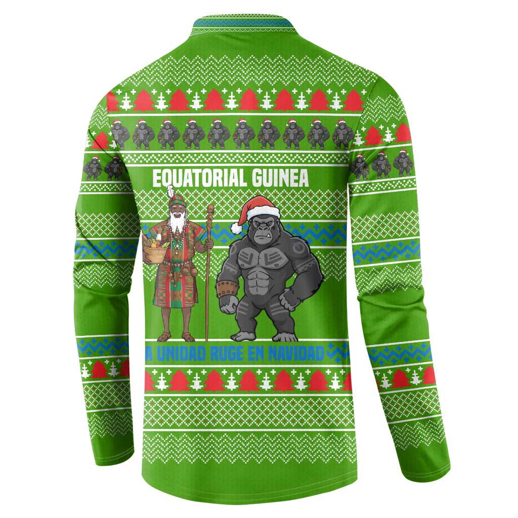 Equatorial Guinea Christmas Button Sweatshirt with Santa Gorilla Gift Basket and Green Holiday Pattern Design - Wonder Print Shop