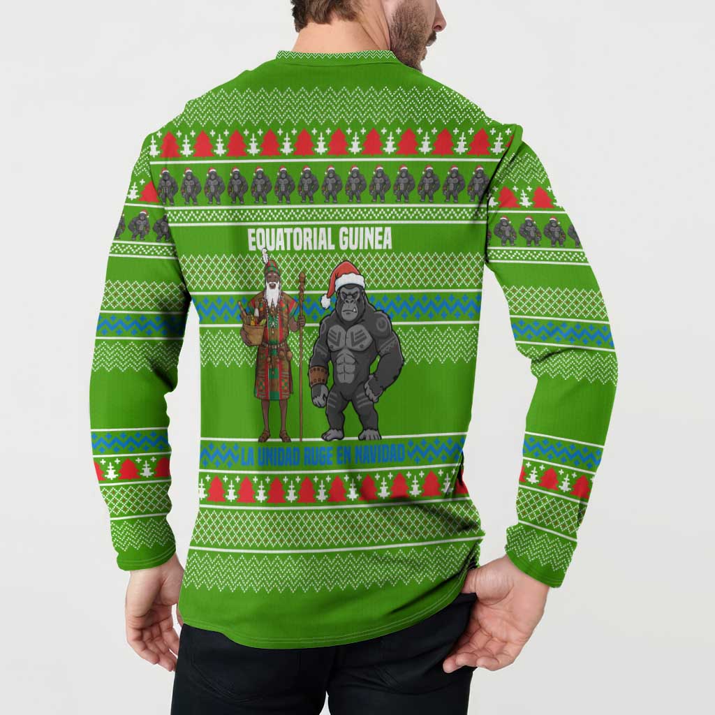 Equatorial Guinea Christmas Button Sweatshirt with Santa Gorilla Gift Basket and Green Holiday Pattern Design - Wonder Print Shop
