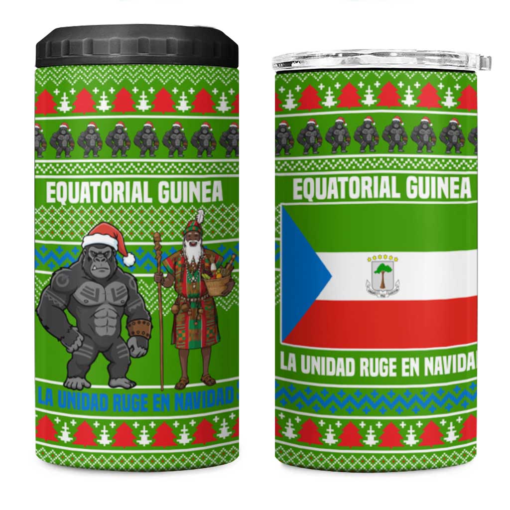 Equatorial Guinea Christmas 4 in 1 Can Cooler Tumbler with Santa Gorilla Gift Basket and Green Holiday Pattern Design - Wonder Print Shop