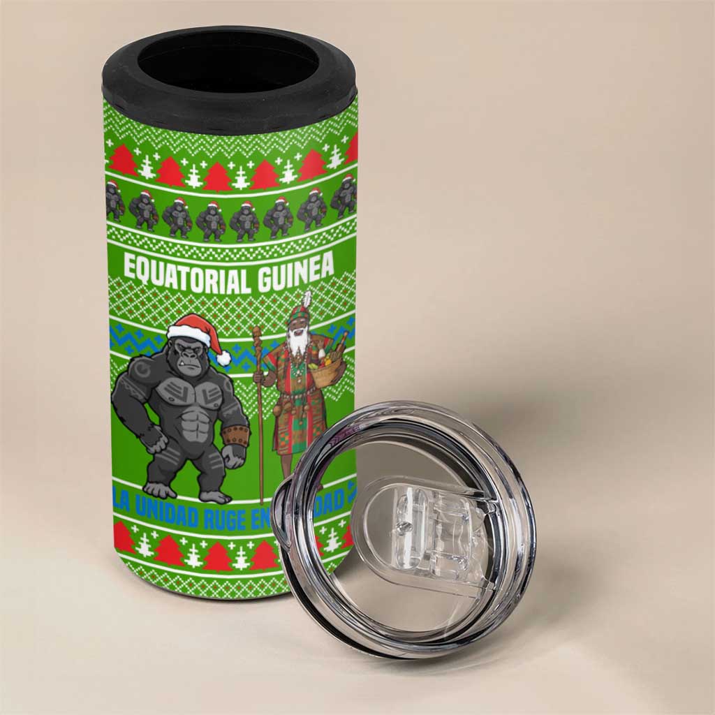 Equatorial Guinea Christmas 4 in 1 Can Cooler Tumbler with Santa Gorilla Gift Basket and Green Holiday Pattern Design - Wonder Print Shop