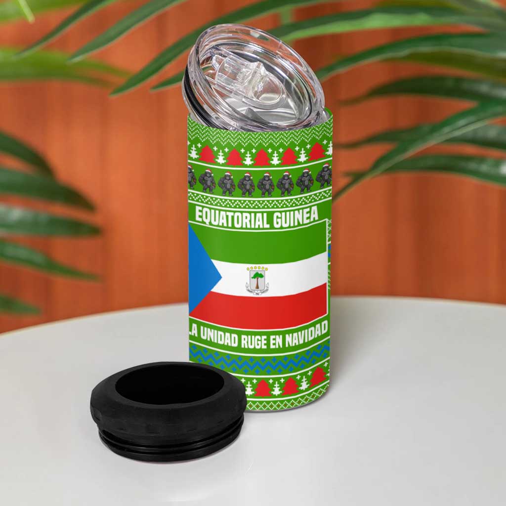 Equatorial Guinea Christmas 4 in 1 Can Cooler Tumbler with Santa Gorilla Gift Basket and Green Holiday Pattern Design - Wonder Print Shop