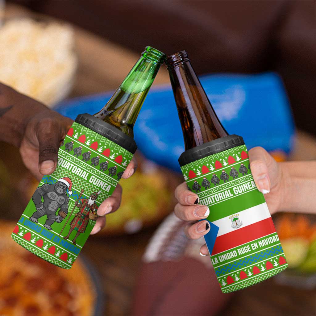 Equatorial Guinea Christmas 4 in 1 Can Cooler Tumbler with Santa Gorilla Gift Basket and Green Holiday Pattern Design - Wonder Print Shop