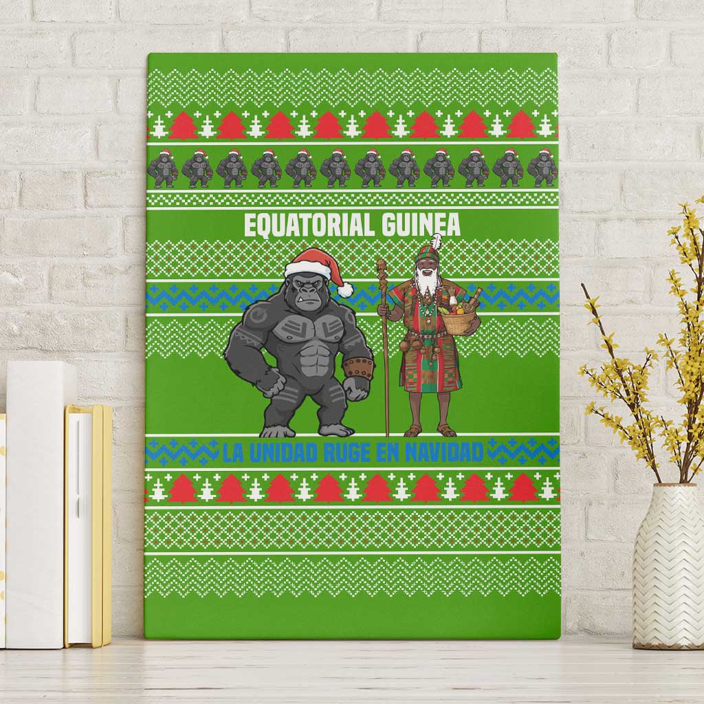 Equatorial Guinea Christmas Canvas Wall Art with Santa Gorilla Gift Basket and Green Holiday Pattern Design - Wonder Print Shop