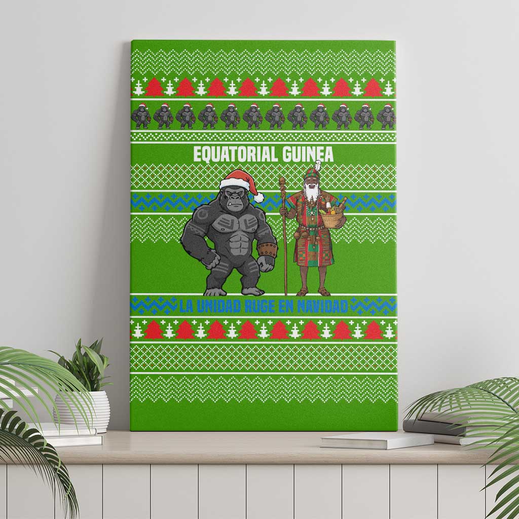 Equatorial Guinea Christmas Canvas Wall Art with Santa Gorilla Gift Basket and Green Holiday Pattern Design - Wonder Print Shop