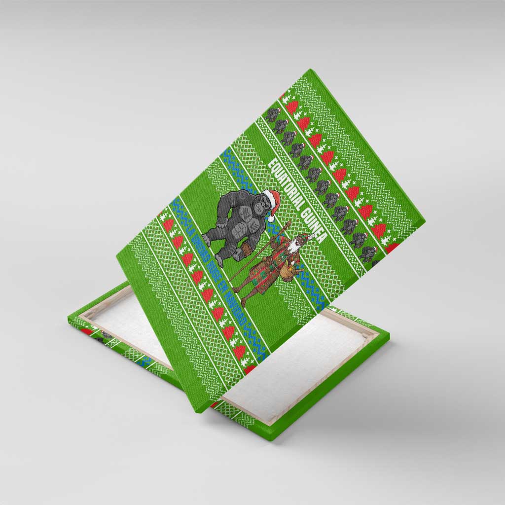 Equatorial Guinea Christmas Canvas Wall Art with Santa Gorilla Gift Basket and Green Holiday Pattern Design - Wonder Print Shop