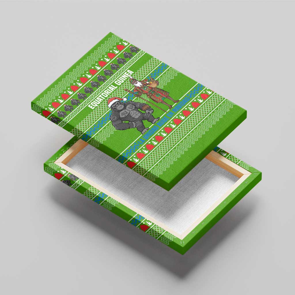 Equatorial Guinea Christmas Canvas Wall Art with Santa Gorilla Gift Basket and Green Holiday Pattern Design - Wonder Print Shop