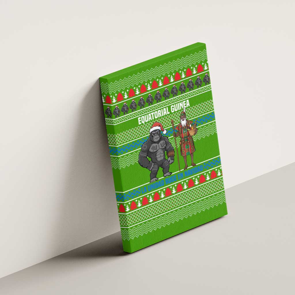 Equatorial Guinea Christmas Canvas Wall Art with Santa Gorilla Gift Basket and Green Holiday Pattern Design - Wonder Print Shop