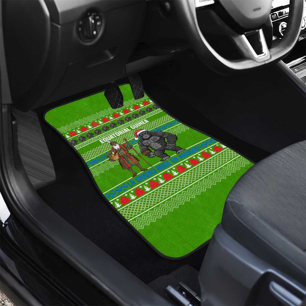 Equatorial Guinea Christmas Car Mats with Santa Gorilla Gift Basket and Green Holiday Pattern Design - Wonder Print Shop