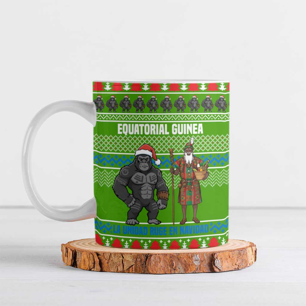 Equatorial Guinea Christmas Ceramic Mug with Santa Gorilla Gift Basket and Green Holiday Pattern Design - Wonder Print Shop