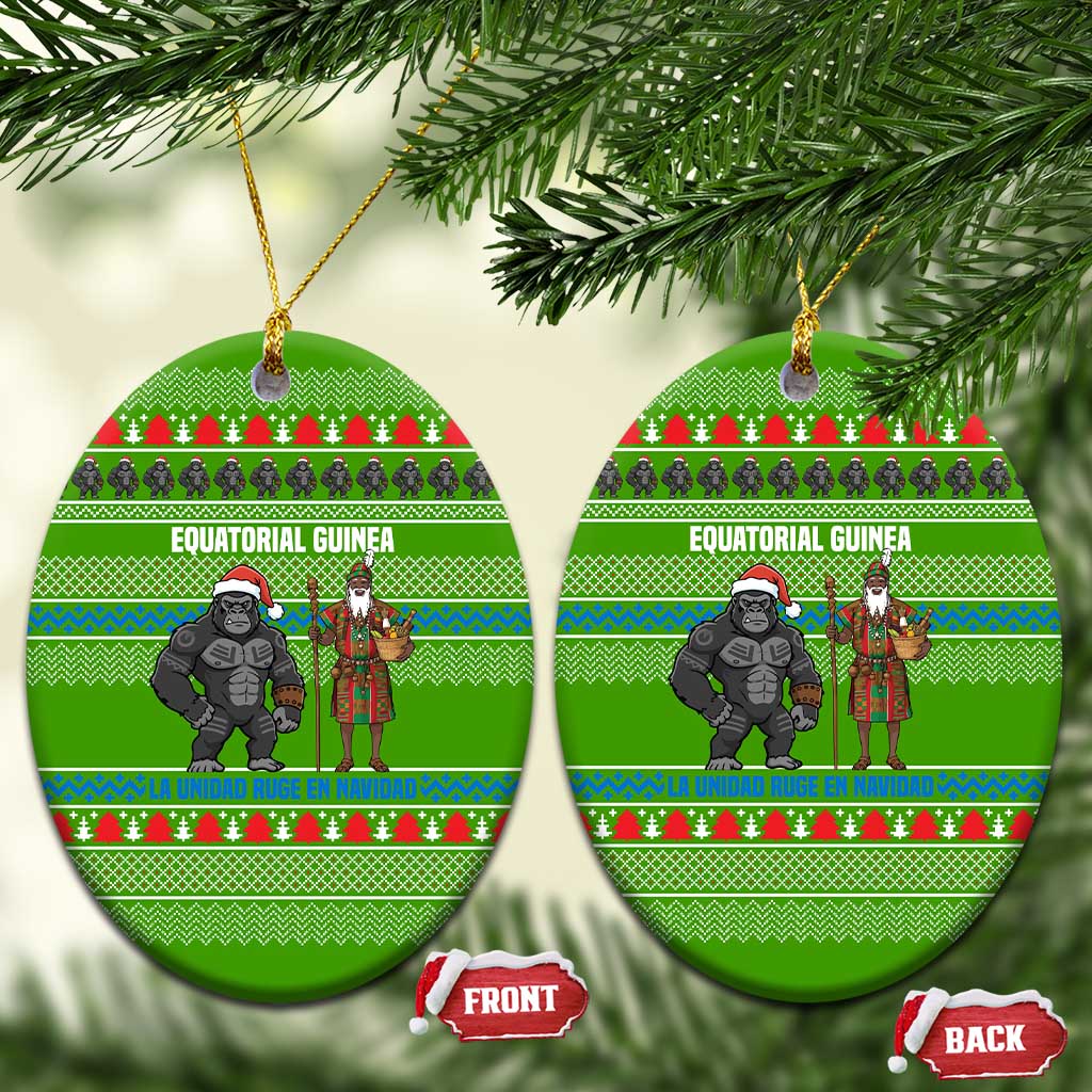 Equatorial Guinea Christmas Ceramic Ornament with Santa Gorilla Gift Basket and Green Holiday Pattern Design - Wonder Print Shop