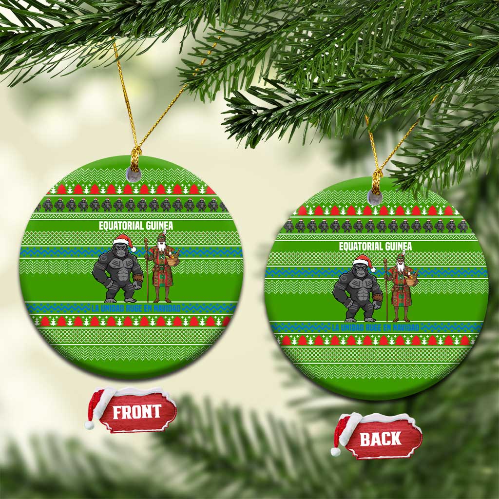 Equatorial Guinea Christmas Ceramic Ornament with Santa Gorilla Gift Basket and Green Holiday Pattern Design - Wonder Print Shop