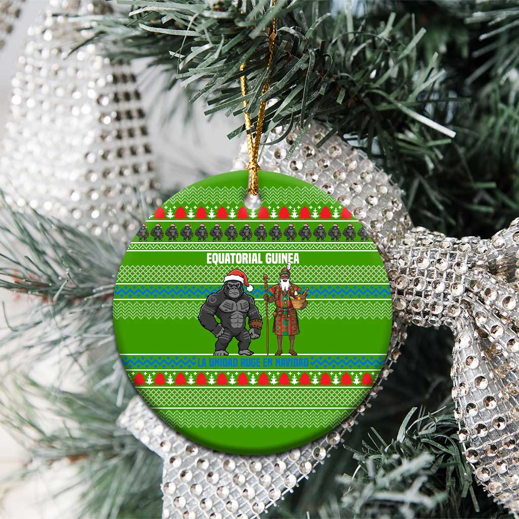 Equatorial Guinea Christmas Ceramic Ornament with Santa Gorilla Gift Basket and Green Holiday Pattern Design - Wonder Print Shop