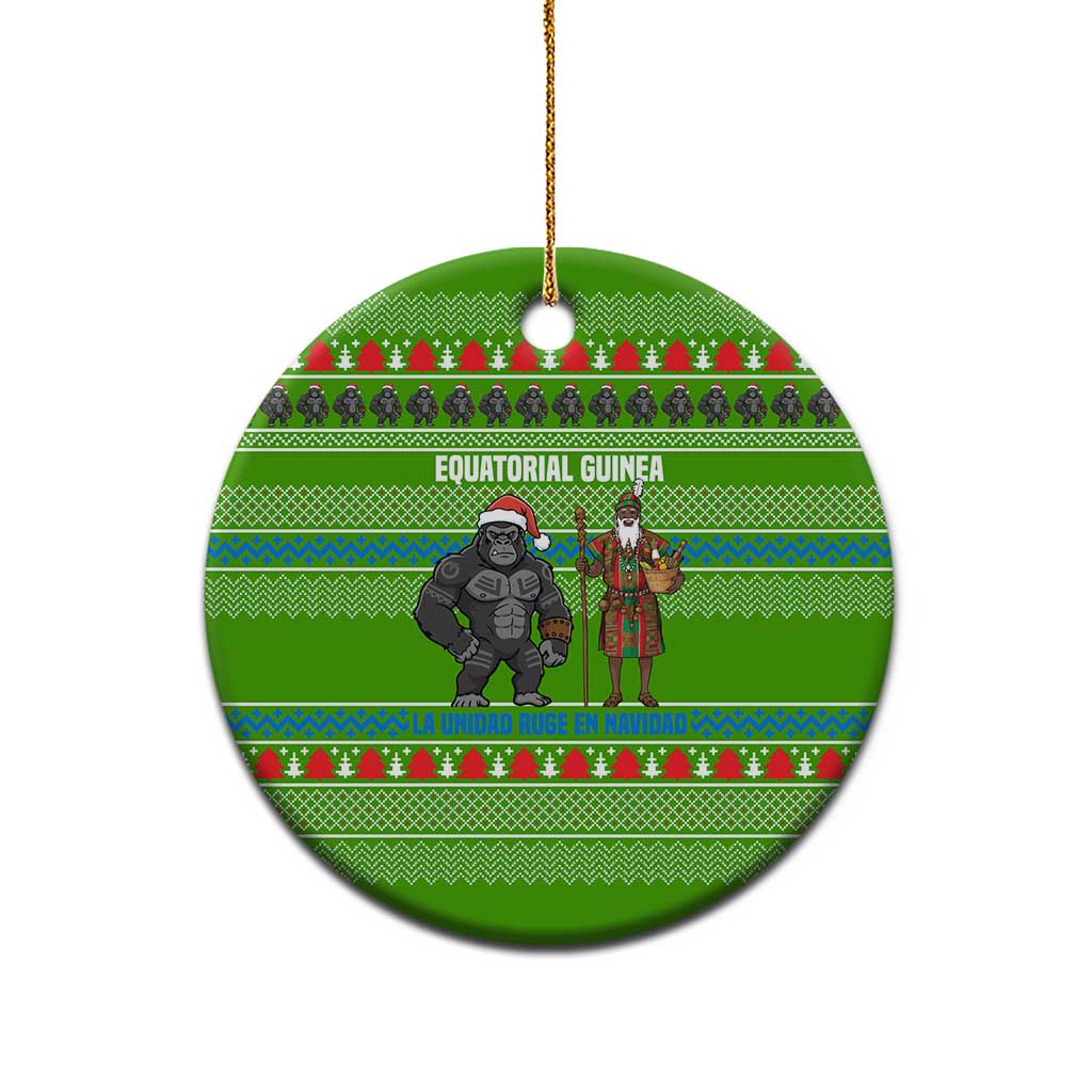 Equatorial Guinea Christmas Ceramic Ornament with Santa Gorilla Gift Basket and Green Holiday Pattern Design - Wonder Print Shop