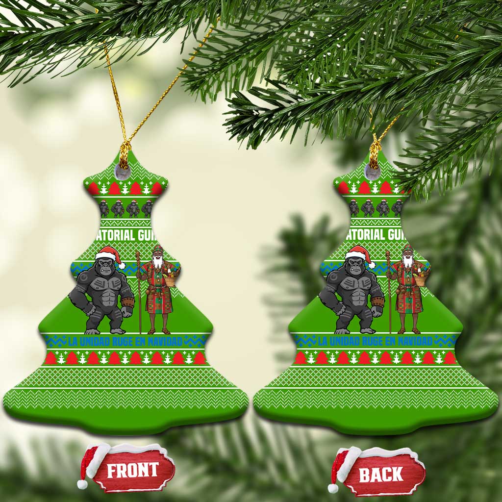 Equatorial Guinea Christmas Ceramic Ornament with Santa Gorilla Gift Basket and Green Holiday Pattern Design - Wonder Print Shop