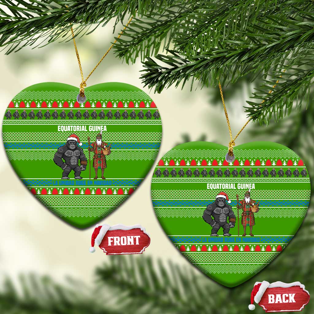 Equatorial Guinea Christmas Ceramic Ornament with Santa Gorilla Gift Basket and Green Holiday Pattern Design - Wonder Print Shop