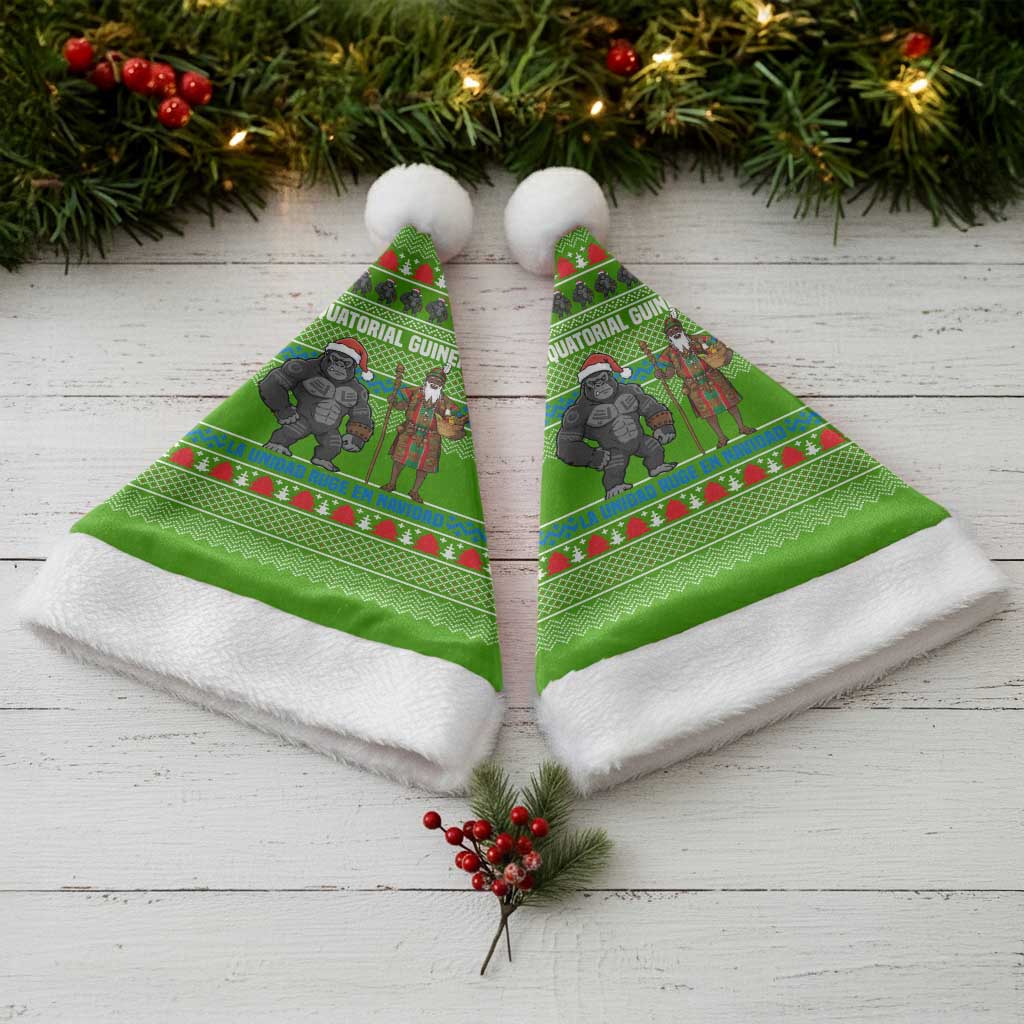 Equatorial Guinea Christmas Santa Hat with Santa Gorilla Gift Basket and Green Holiday Pattern Design - Wonder Print Shop