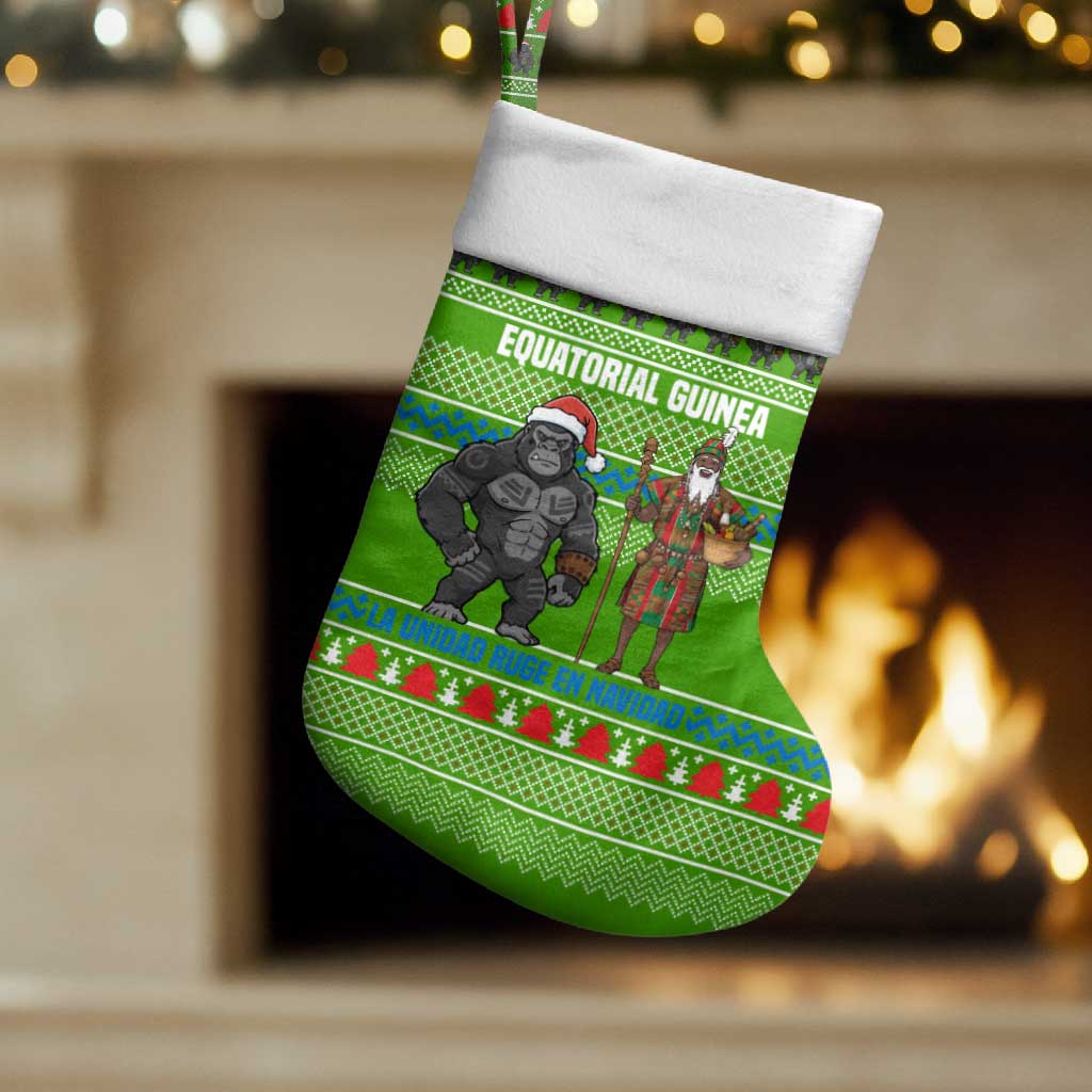 Equatorial Guinea Christmas Stocking with Santa Gorilla Gift Basket and Green Holiday Pattern Design - Wonder Print Shop