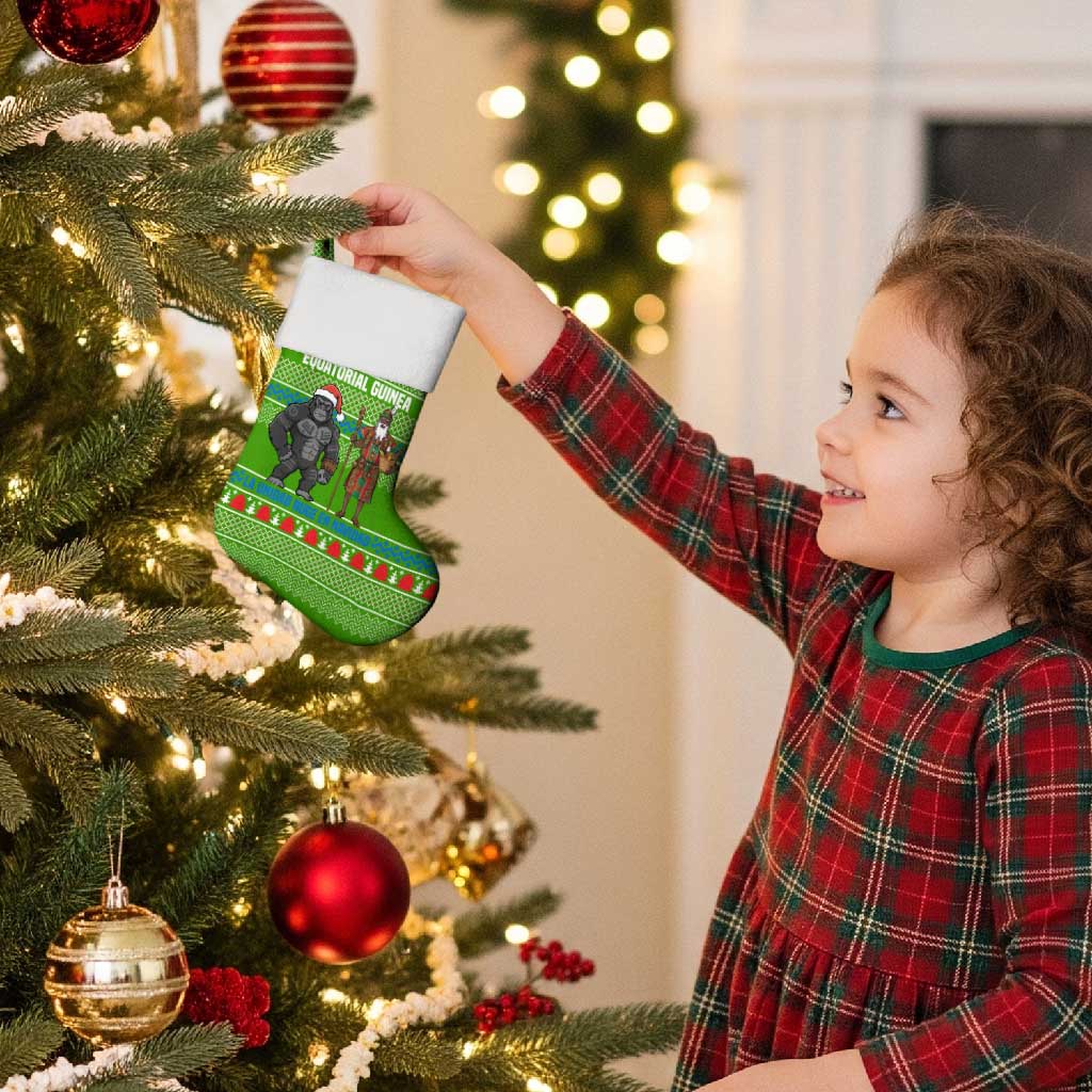 Equatorial Guinea Christmas Stocking with Santa Gorilla Gift Basket and Green Holiday Pattern Design - Wonder Print Shop