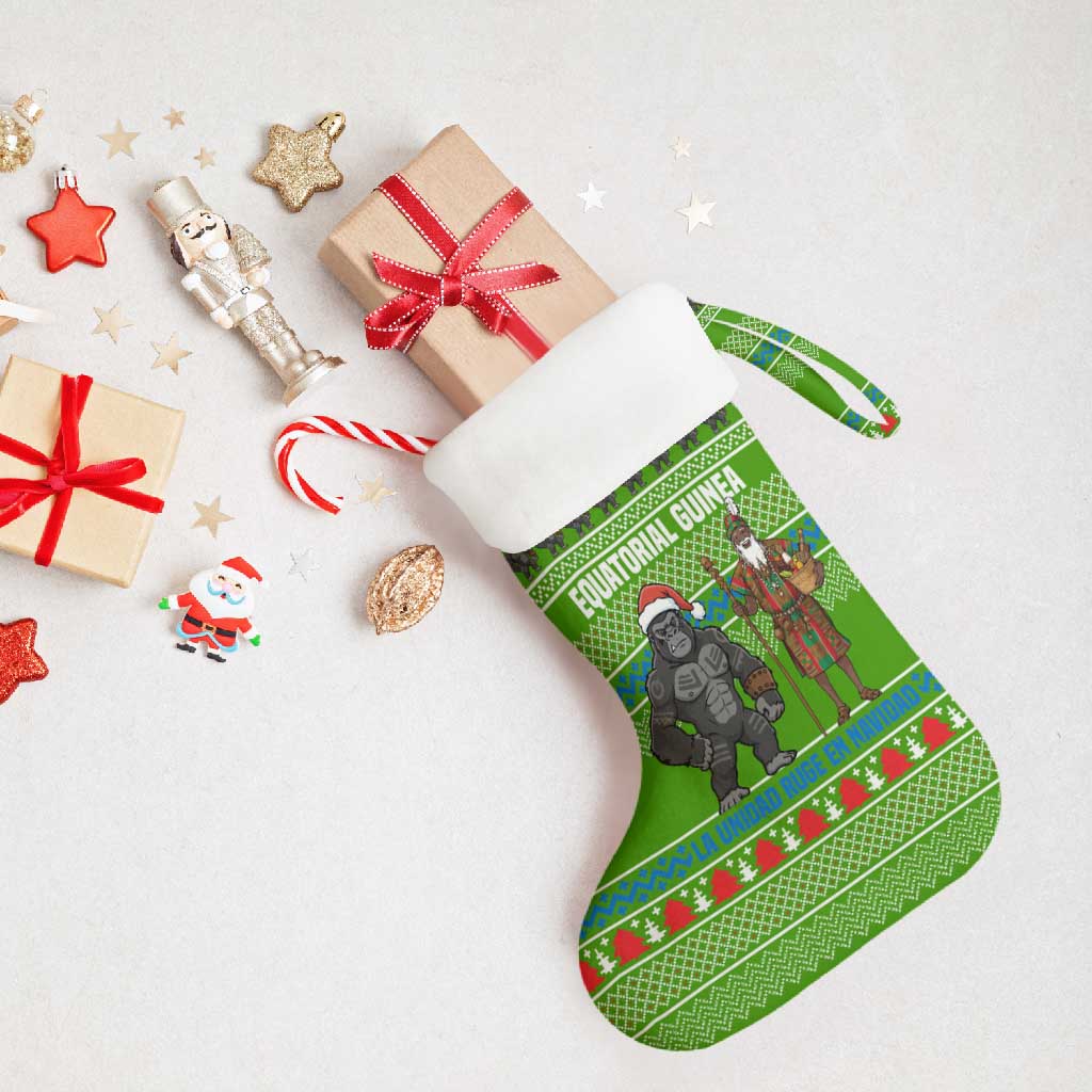 Equatorial Guinea Christmas Stocking with Santa Gorilla Gift Basket and Green Holiday Pattern Design - Wonder Print Shop