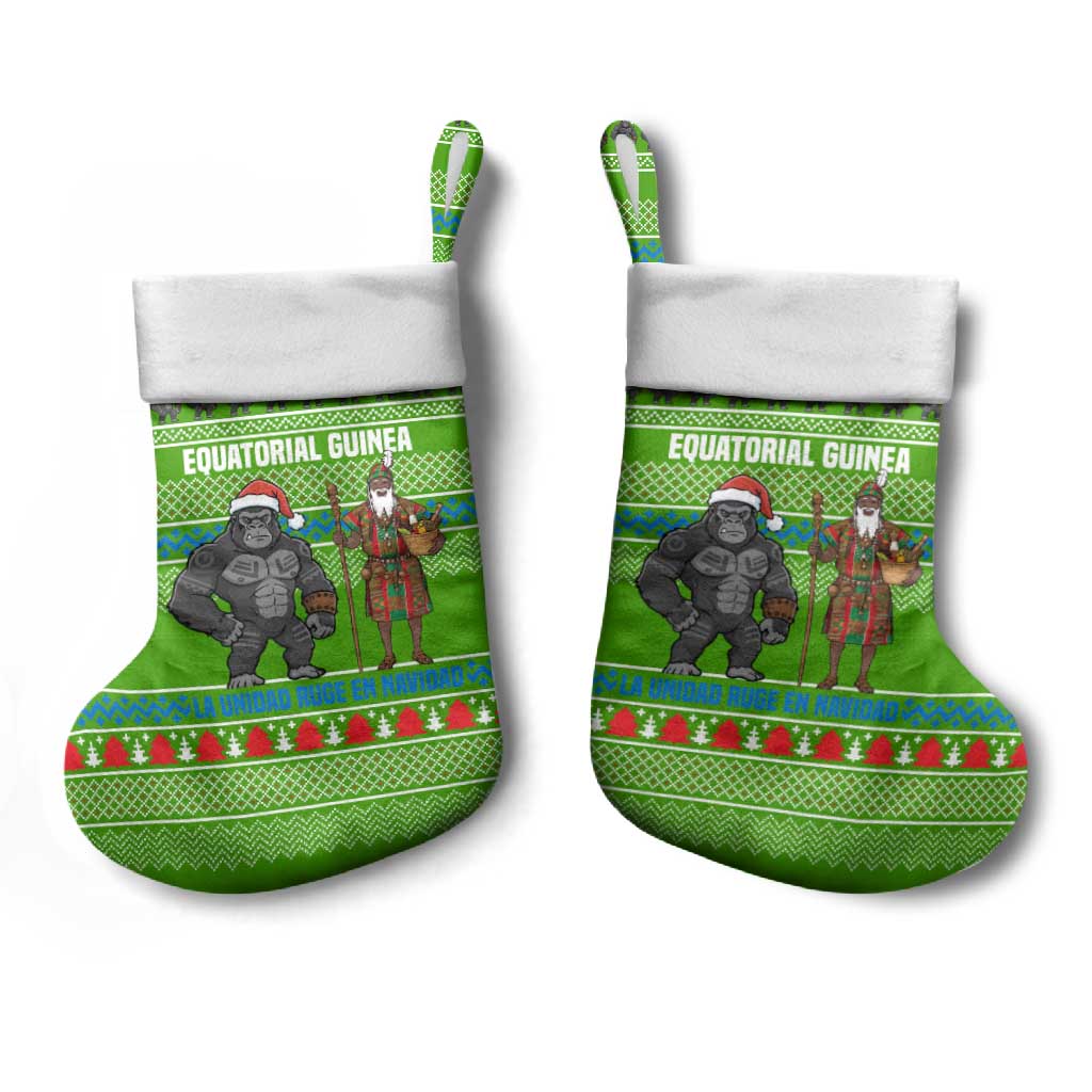 Equatorial Guinea Christmas Stocking with Santa Gorilla Gift Basket and Green Holiday Pattern Design - Wonder Print Shop