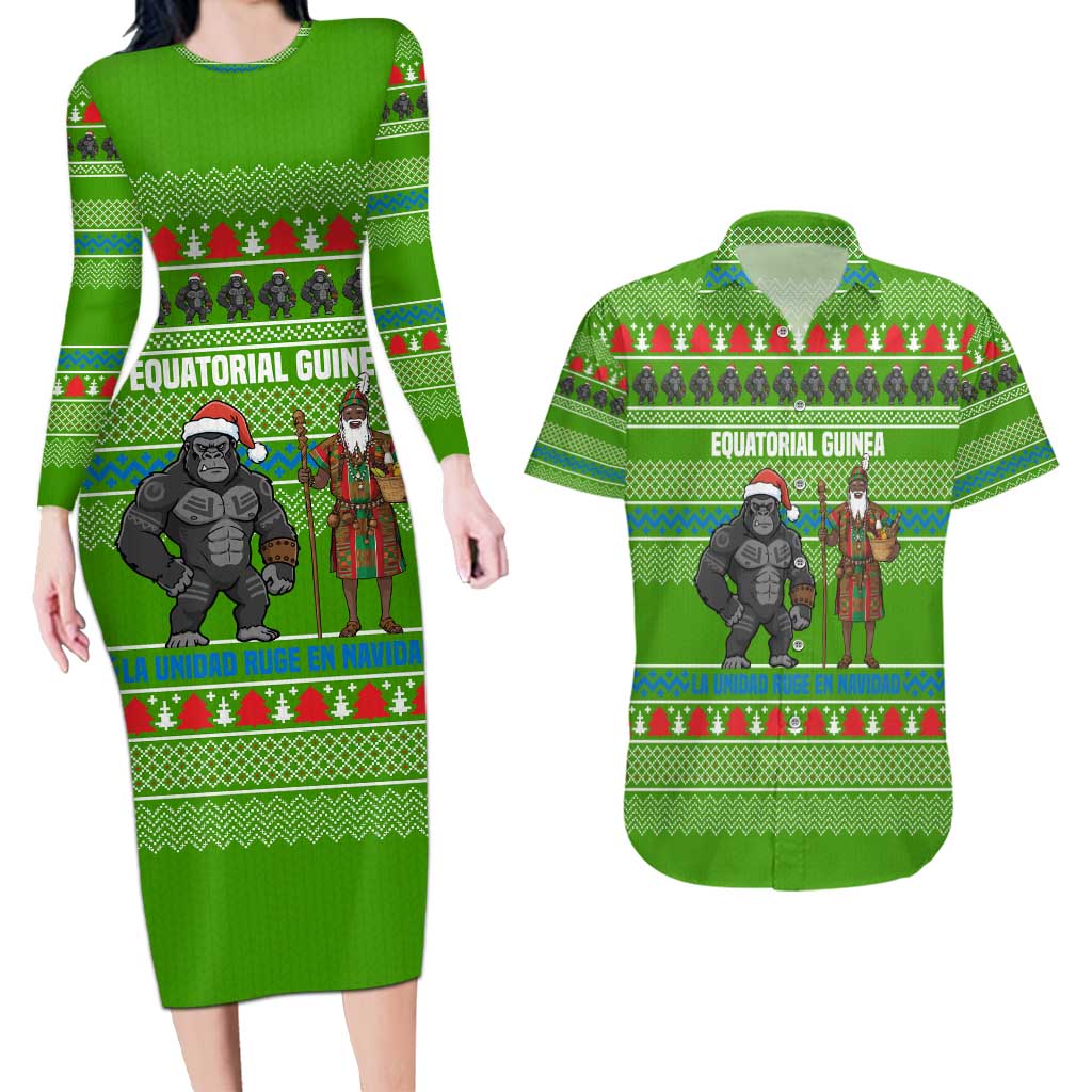 Equatorial Guinea Christmas Couples Matching Long Sleeve Bodycon Dress and Hawaiian Shirt with Santa Gorilla Gift Basket and Green Holiday Pattern Design - Wonder Print Shop