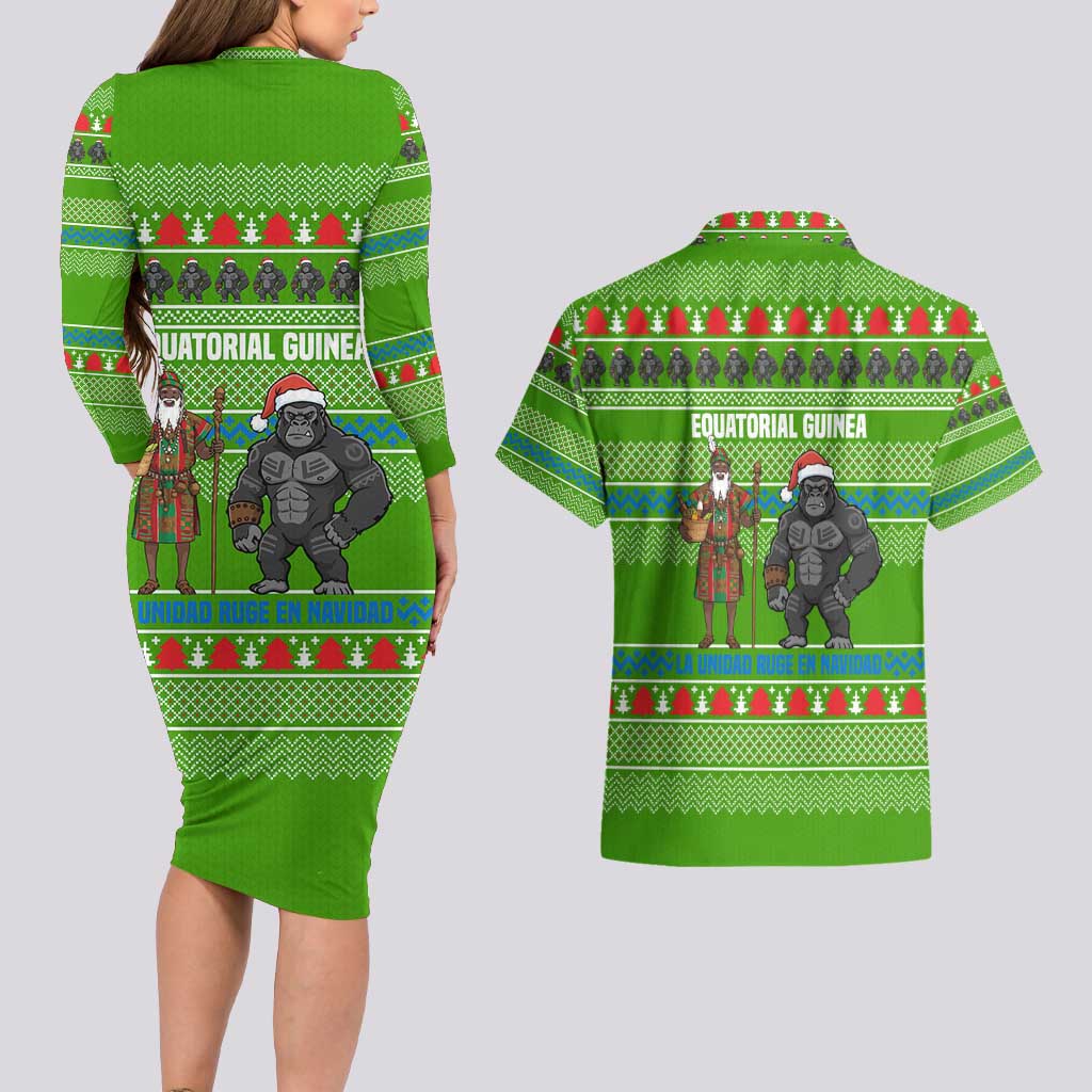 Equatorial Guinea Christmas Couples Matching Long Sleeve Bodycon Dress and Hawaiian Shirt with Santa Gorilla Gift Basket and Green Holiday Pattern Design - Wonder Print Shop
