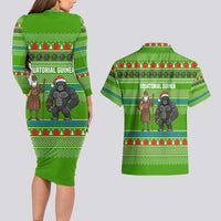 Equatorial Guinea Christmas Couples Matching Long Sleeve Bodycon Dress and Hawaiian Shirt with Santa Gorilla Gift Basket and Green Holiday Pattern Design - Wonder Print Shop