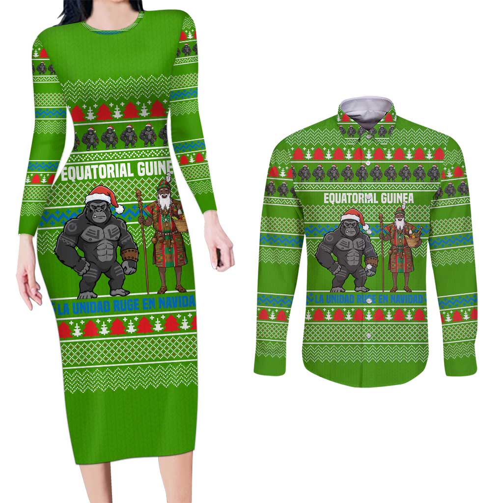 Equatorial Guinea Christmas Couples Matching Long Sleeve Bodycon Dress and Long Sleeve Button Shirt with Santa Gorilla Gift Basket and Green Holiday Pattern Design - Wonder Print Shop