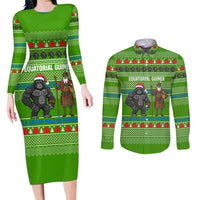 Equatorial Guinea Christmas Couples Matching Long Sleeve Bodycon Dress and Long Sleeve Button Shirt with Santa Gorilla Gift Basket and Green Holiday Pattern Design - Wonder Print Shop