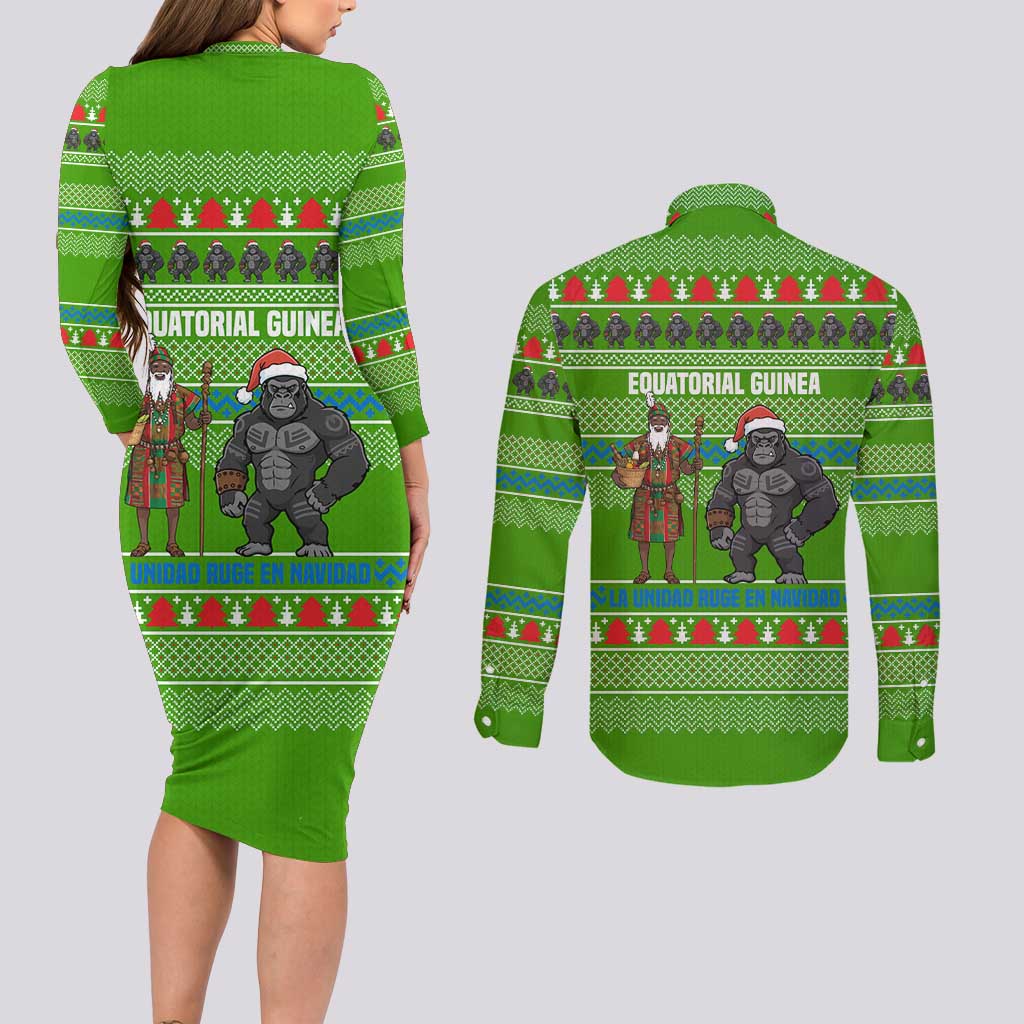 Equatorial Guinea Christmas Couples Matching Long Sleeve Bodycon Dress and Long Sleeve Button Shirt with Santa Gorilla Gift Basket and Green Holiday Pattern Design - Wonder Print Shop
