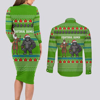 Equatorial Guinea Christmas Couples Matching Long Sleeve Bodycon Dress and Long Sleeve Button Shirt with Santa Gorilla Gift Basket and Green Holiday Pattern Design - Wonder Print Shop