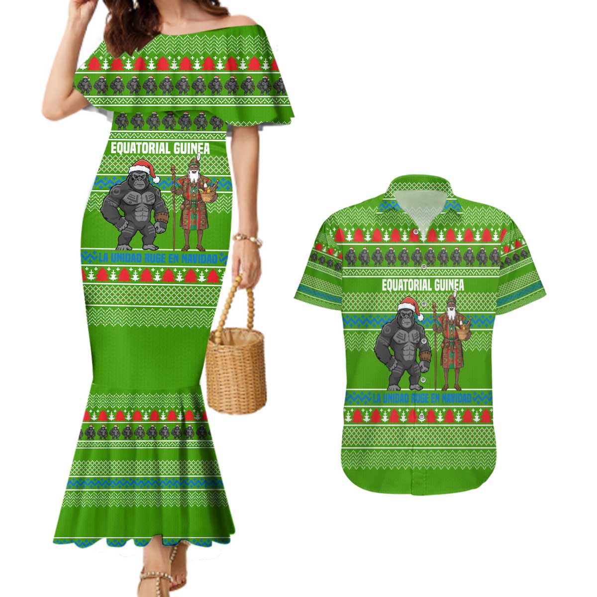 Equatorial Guinea Christmas Couples Matching Mermaid Dress and Hawaiian Shirt with Santa Gorilla Gift Basket and Green Holiday Pattern Design - Wonder Print Shop