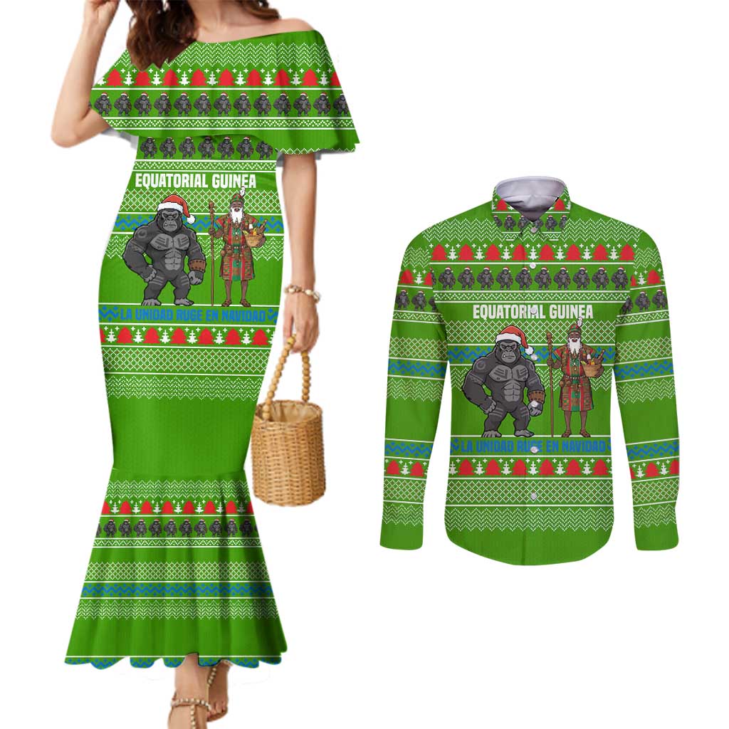 Equatorial Guinea Christmas Couples Matching Mermaid Dress and Long Sleeve Button Shirt with Santa Gorilla Gift Basket and Green Holiday Pattern Design - Wonder Print Shop