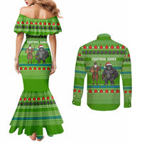 Equatorial Guinea Christmas Couples Matching Mermaid Dress and Long Sleeve Button Shirt with Santa Gorilla Gift Basket and Green Holiday Pattern Design - Wonder Print Shop