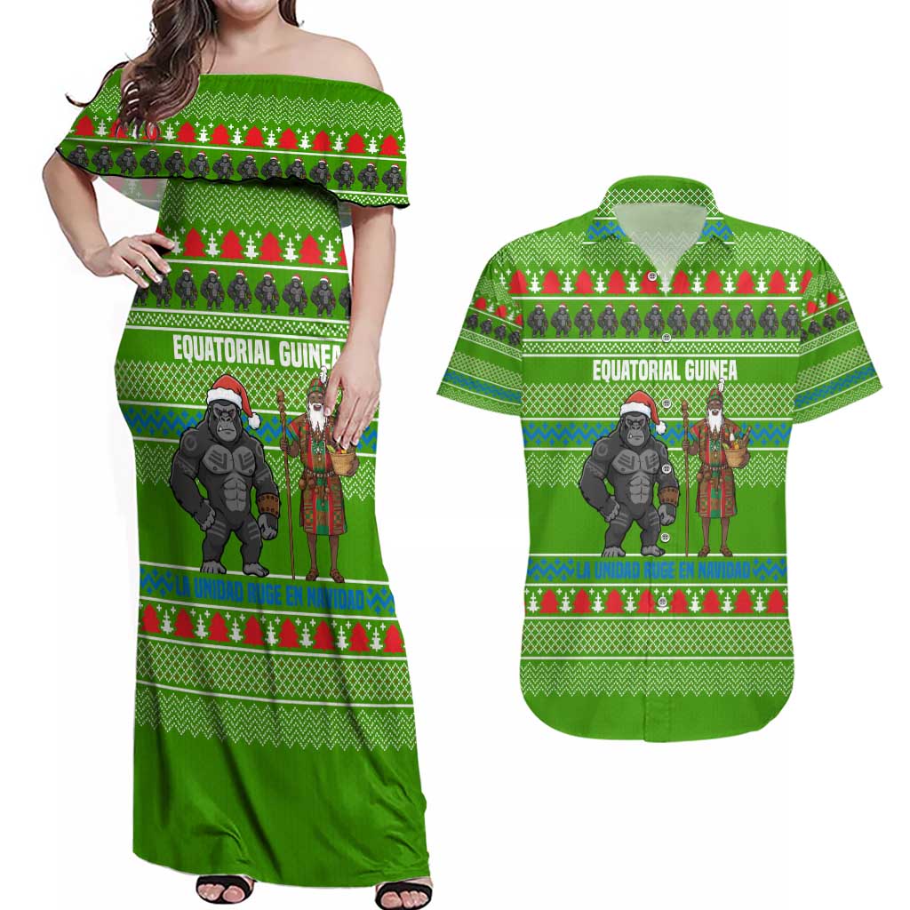Equatorial Guinea Christmas Couples Matching Off Shoulder Maxi Dress and Hawaiian Shirt with Santa Gorilla Gift Basket and Green Holiday Pattern Design - Wonder Print Shop