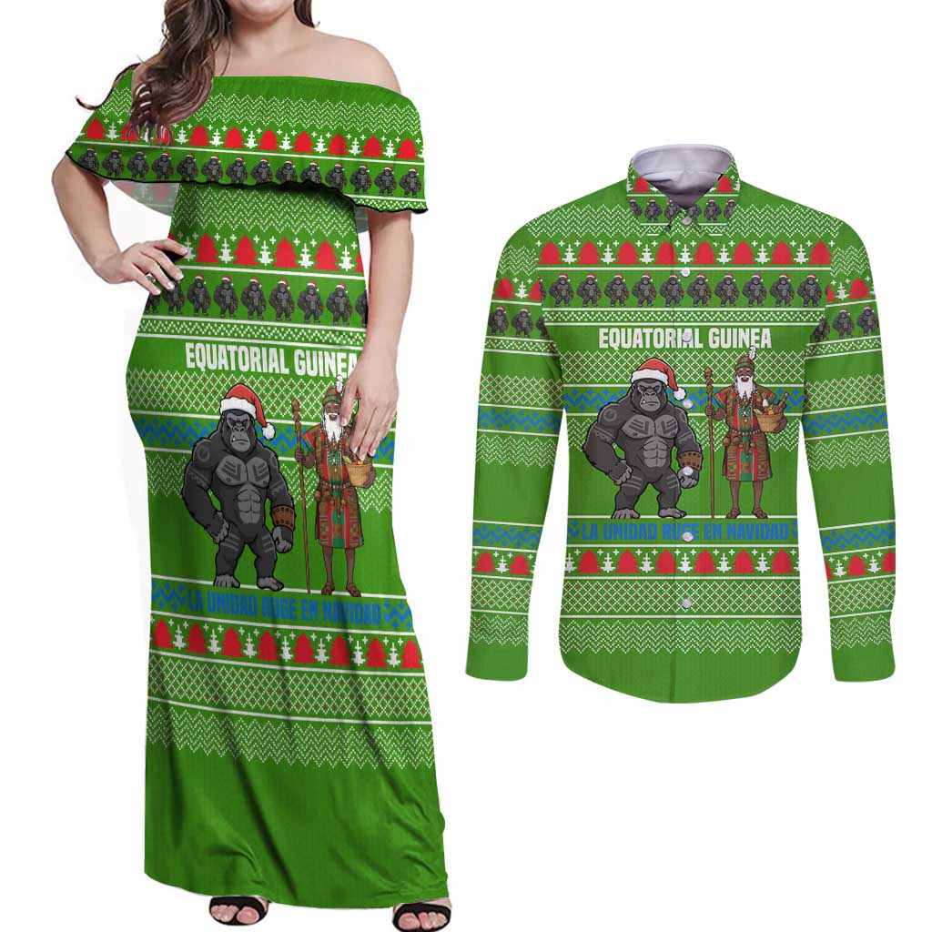 Equatorial Guinea Christmas Couples Matching Off Shoulder Maxi Dress and Long Sleeve Button Shirt with Santa Gorilla Gift Basket and Green Holiday Pattern Design - Wonder Print Shop