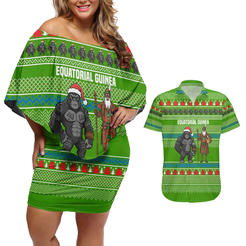 Equatorial Guinea Christmas Couples Matching Off Shoulder Short Dress and Hawaiian Shirt with Santa Gorilla Gift Basket and Green Holiday Pattern Design - Wonder Print Shop