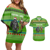 Equatorial Guinea Christmas Couples Matching Off Shoulder Short Dress and Hawaiian Shirt with Santa Gorilla Gift Basket and Green Holiday Pattern Design - Wonder Print Shop