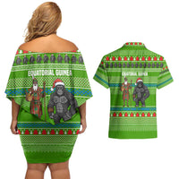 Equatorial Guinea Christmas Couples Matching Off Shoulder Short Dress and Hawaiian Shirt with Santa Gorilla Gift Basket and Green Holiday Pattern Design - Wonder Print Shop