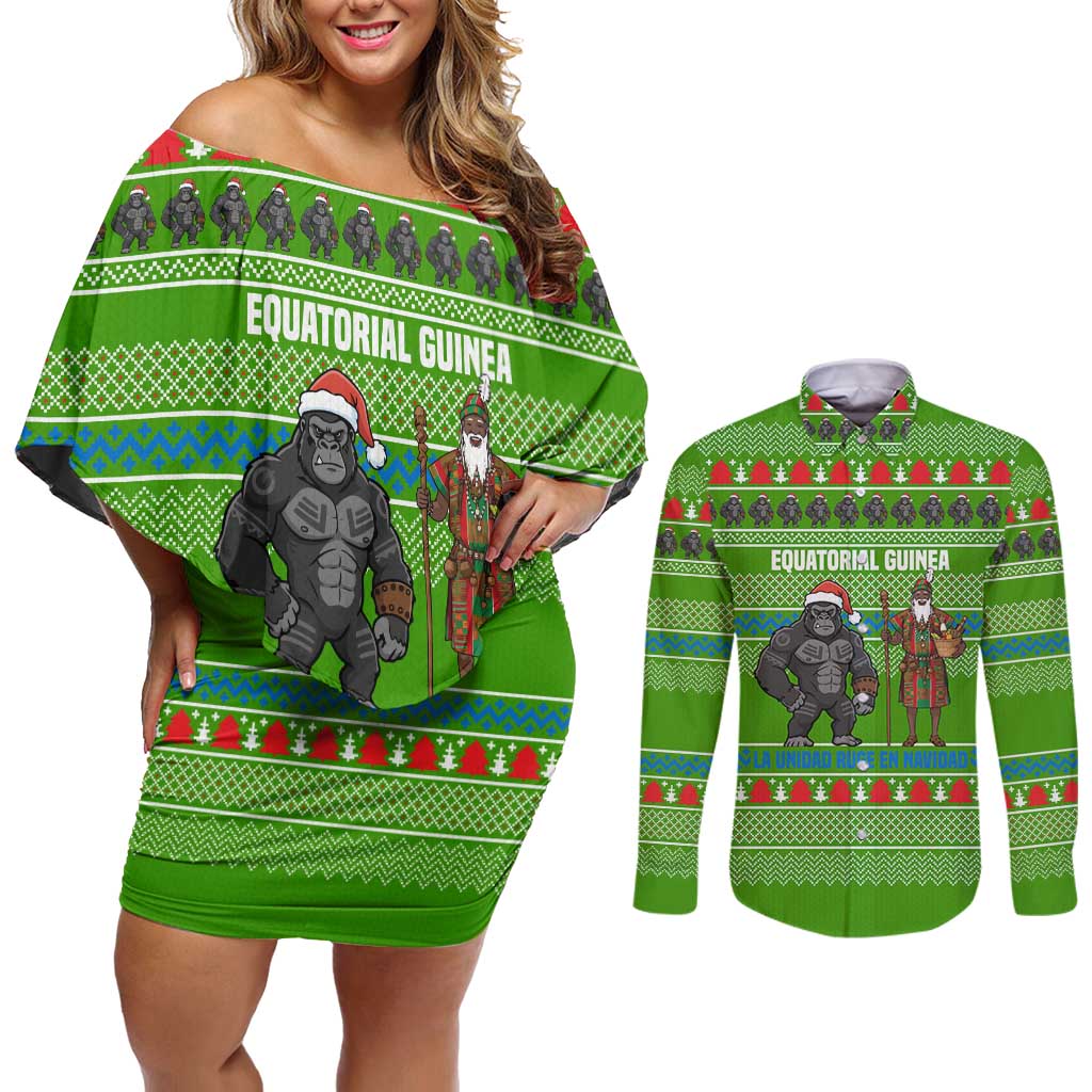 Equatorial Guinea Christmas Couples Matching Off Shoulder Short Dress and Long Sleeve Button Shirt with Santa Gorilla Gift Basket and Green Holiday Pattern Design - Wonder Print Shop