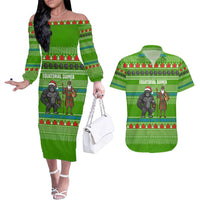 Equatorial Guinea Christmas Couples Matching Off The Shoulder Long Sleeve Dress and Hawaiian Shirt with Santa Gorilla Gift Basket and Green Holiday Pattern Design - Wonder Print Shop