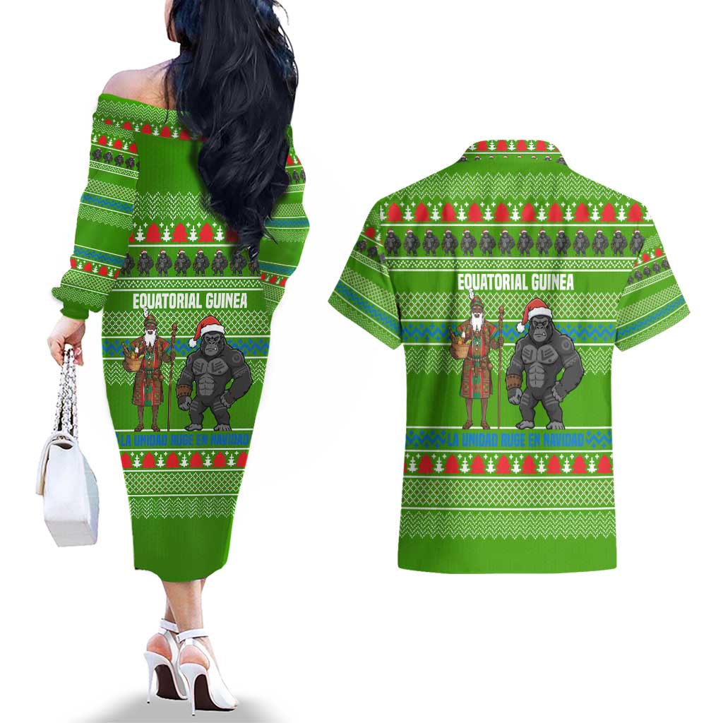 Equatorial Guinea Christmas Couples Matching Off The Shoulder Long Sleeve Dress and Hawaiian Shirt with Santa Gorilla Gift Basket and Green Holiday Pattern Design - Wonder Print Shop