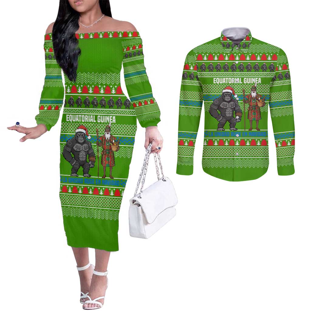 Equatorial Guinea Christmas Couples Matching Off The Shoulder Long Sleeve Dress and Long Sleeve Button Shirt with Santa Gorilla Gift Basket and Green Holiday Pattern Design - Wonder Print Shop