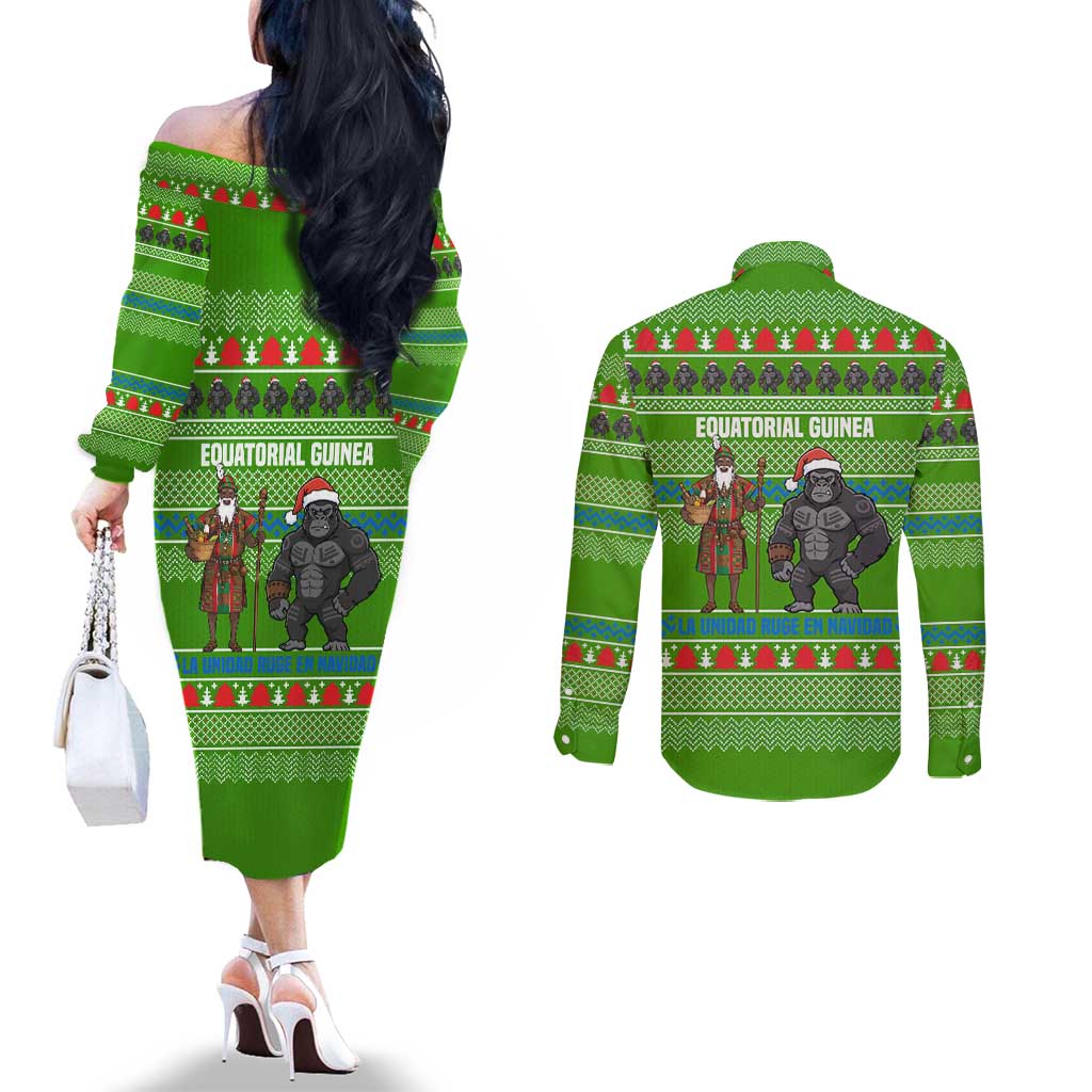 Equatorial Guinea Christmas Couples Matching Off The Shoulder Long Sleeve Dress and Long Sleeve Button Shirt with Santa Gorilla Gift Basket and Green Holiday Pattern Design - Wonder Print Shop