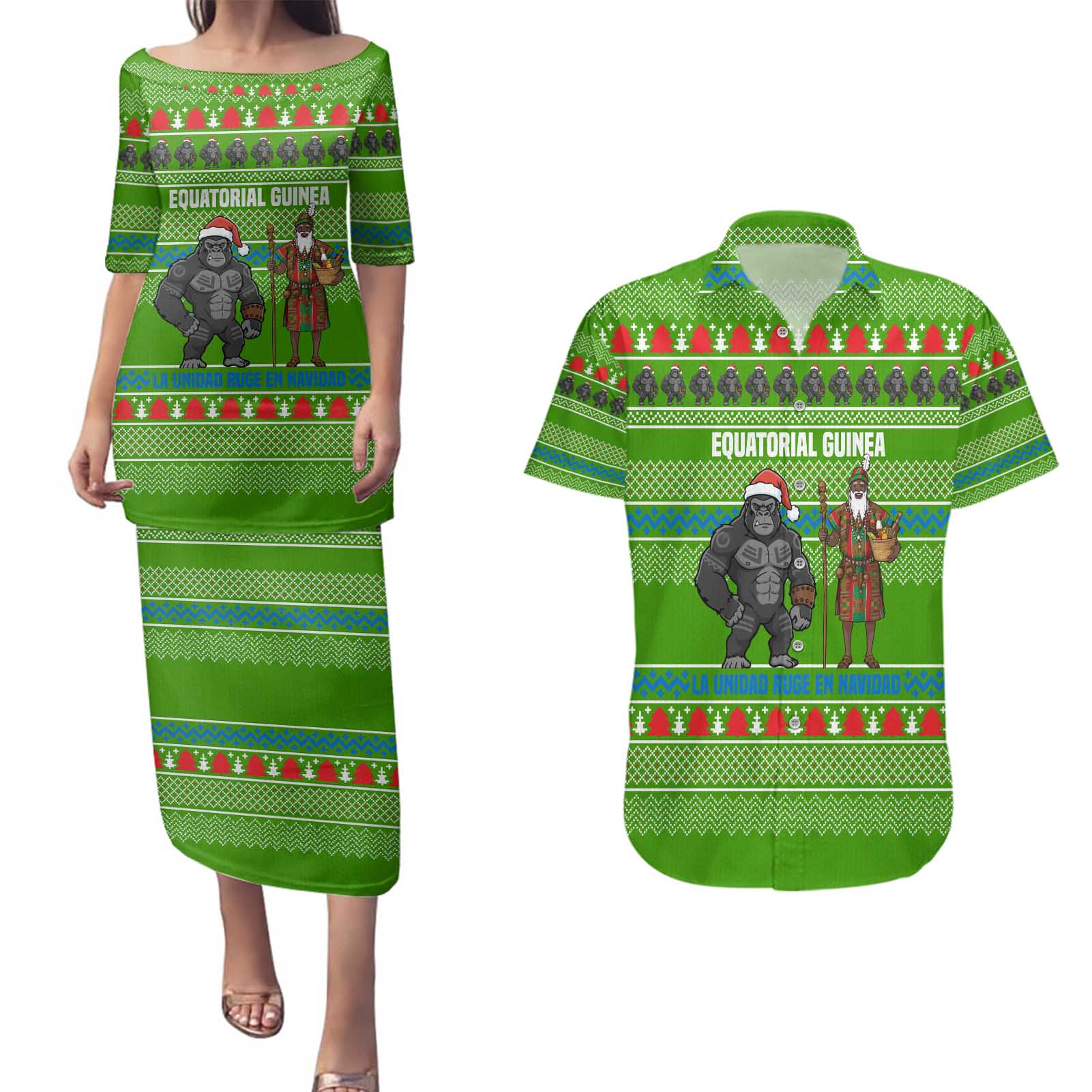 Equatorial Guinea Christmas Couples Matching Puletasi and Hawaiian Shirt with Santa Gorilla Gift Basket and Green Holiday Pattern Design - Wonder Print Shop