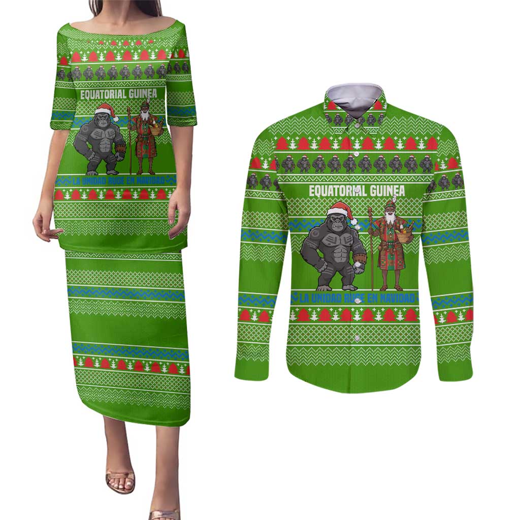 Equatorial Guinea Christmas Couples Matching Puletasi and Long Sleeve Button Shirt with Santa Gorilla Gift Basket and Green Holiday Pattern Design - Wonder Print Shop
