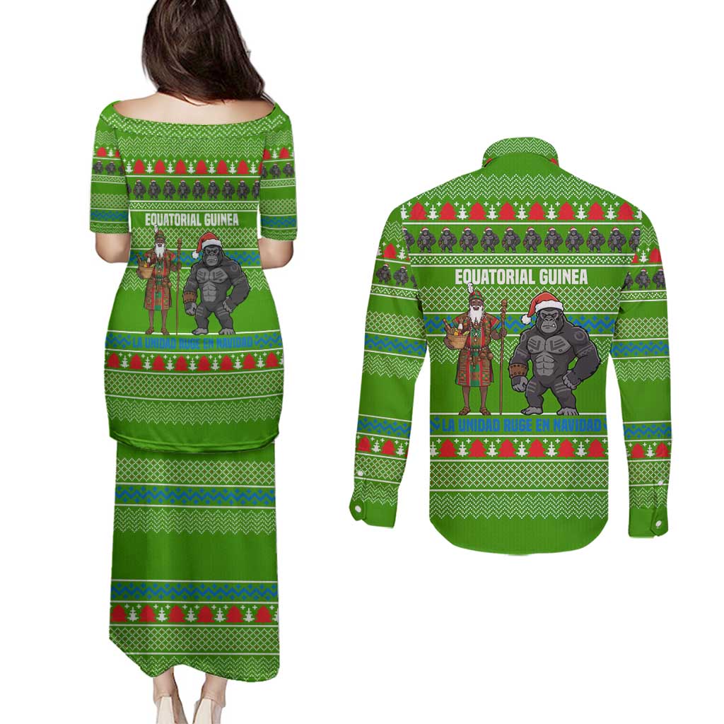 Equatorial Guinea Christmas Couples Matching Puletasi and Long Sleeve Button Shirt with Santa Gorilla Gift Basket and Green Holiday Pattern Design - Wonder Print Shop