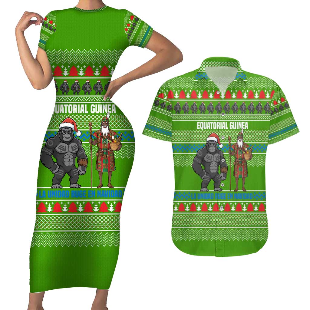 Equatorial Guinea Christmas Couples Matching Short Sleeve Bodycon Dress and Hawaiian Shirt with Santa Gorilla Gift Basket and Green Holiday Pattern Design - Wonder Print Shop