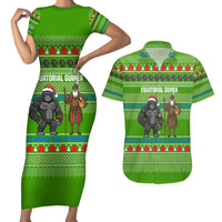 Equatorial Guinea Christmas Couples Matching Short Sleeve Bodycon Dress and Hawaiian Shirt with Santa Gorilla Gift Basket and Green Holiday Pattern Design - Wonder Print Shop