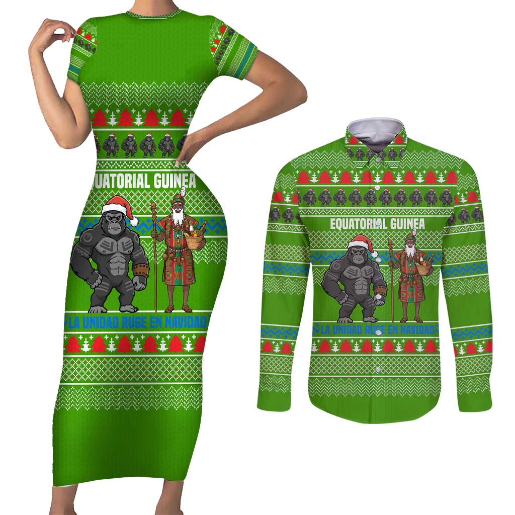 Equatorial Guinea Christmas Couples Matching Short Sleeve Bodycon Dress and Long Sleeve Button Shirt with Santa Gorilla Gift Basket and Green Holiday Pattern Design - Wonder Print Shop